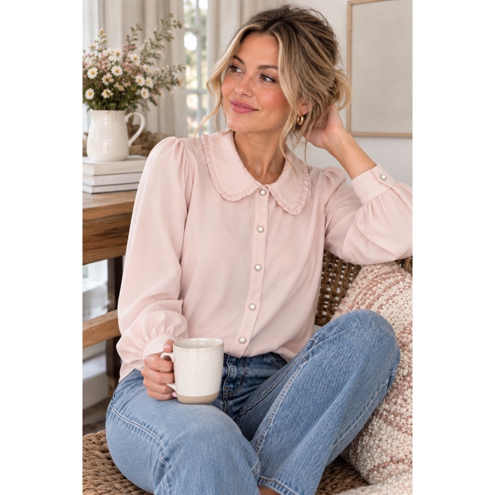 Adrienne Papell Soft Pink Ruffle Collar Blouse | Coquette Romantic Feminine